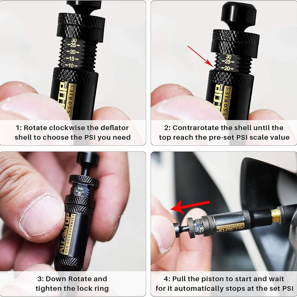 4 Buah Kit Katup Deflator Ban Berhenti Otomatis Dapat Disesuaikan (10-30 PSI) Alat Udara Ban Sekrup 4X4 untuk Kendaraan Sepeda Motor Offroad