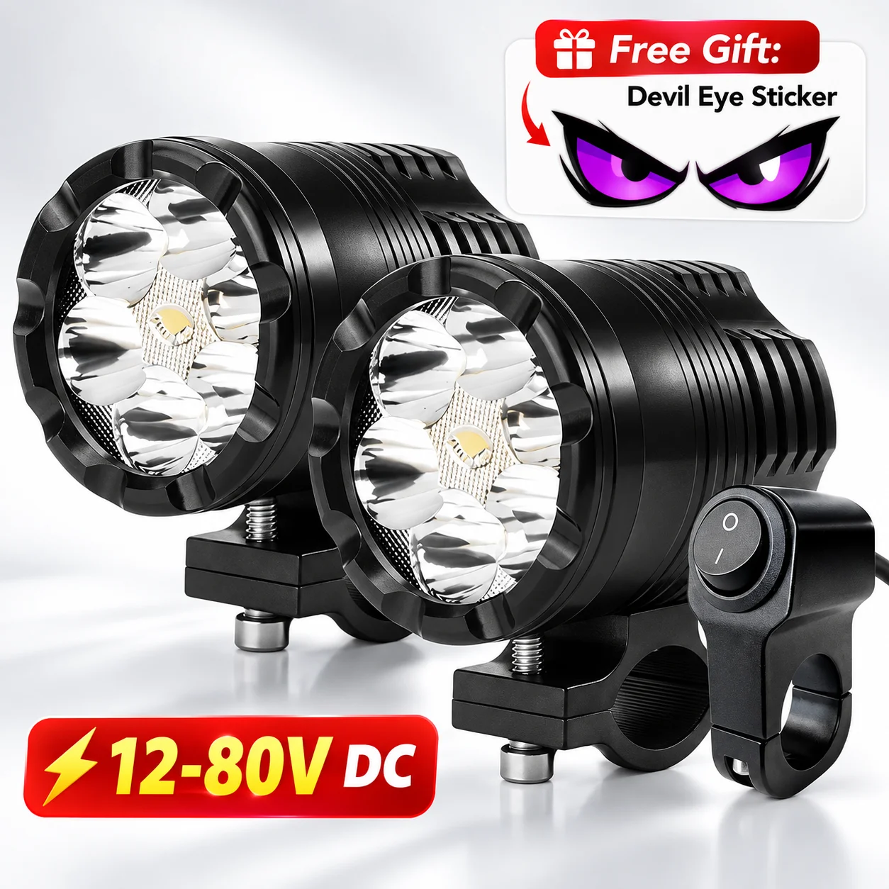 2PCS Motorcycle LED Fog Lights 12-80V 6 LED Auxiliary Driving Spotlights White High Low Strobe Flash 3 Modes with Clamp Mount