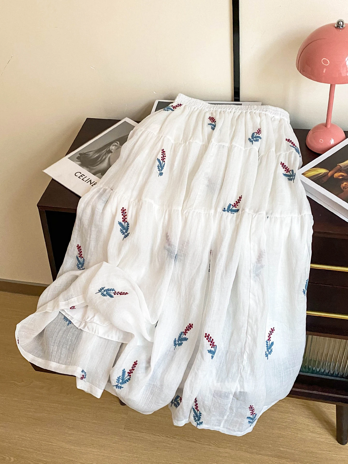 

Льняная юбка-миди трапециевидной формы с тяжелой вышивкой и высокой талией, женская летняя нежная утягивающая юбка с высокой талией f-length