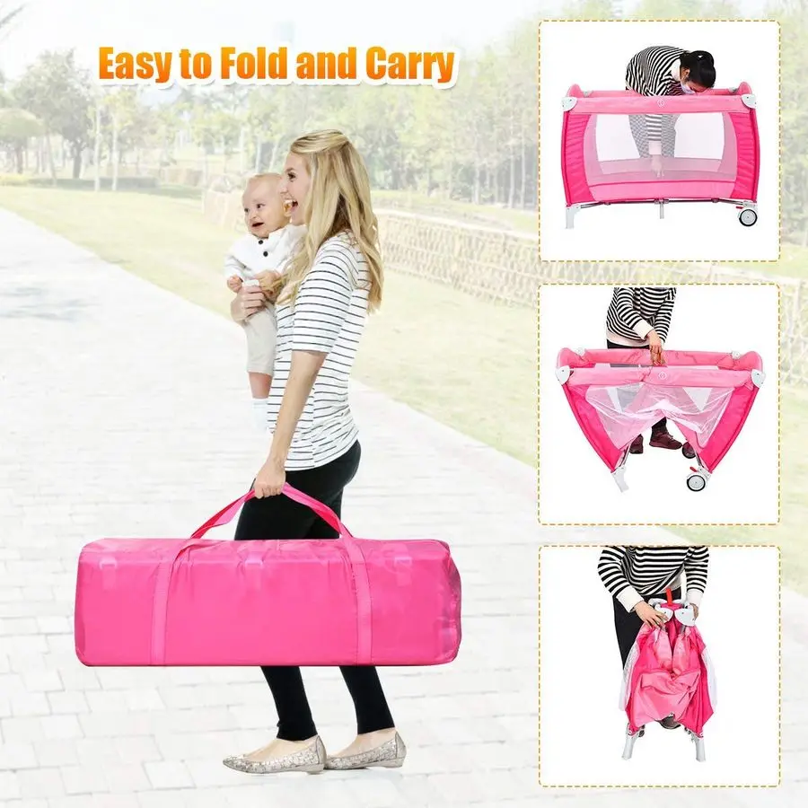 حزمة 4 في 1 باللون الوردي والتشغيل مع السرير، لعبة أطفال محمولة مع مظلة قابلة للتعديل، مدخل بسحاب جانبي، صندوق تشغيل الموسيقى، عجلات B