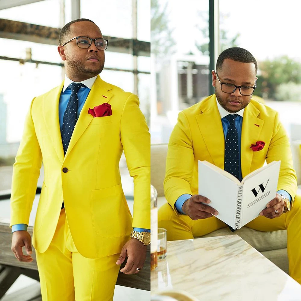 

Plus Size Summer Bright Yellow One Button Mens Pants Suits Groom Wedding Prom Party Blazer Coat (Jacket+Pants)