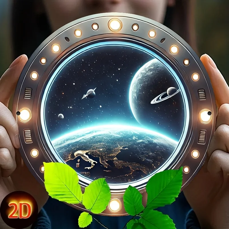 2D Flat, 1pc 2D print Metal iron sign 2D Flat, 2D Wall Art-Space Porthole Earth Landscape-Round Sign, Vintage Round Metal Wall A
