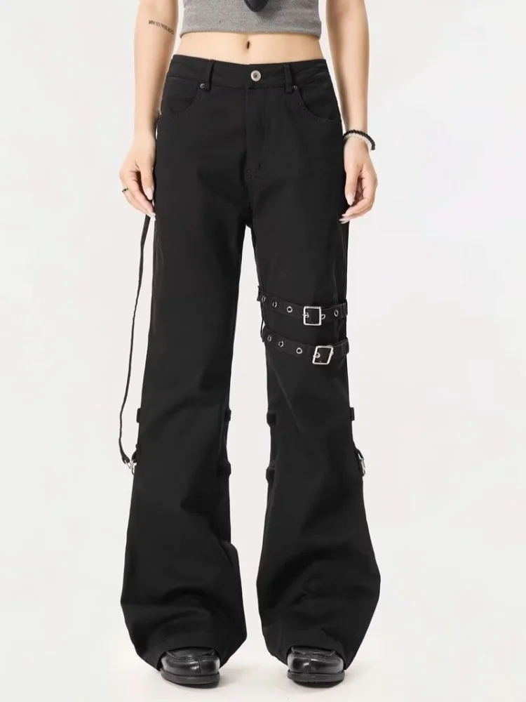 2025 Trend Y2K Style Strap Patchwork Black Slim Women's Flared Jeans Pants For Woman Clothing Cotton Long Trousers Ropa Mujer