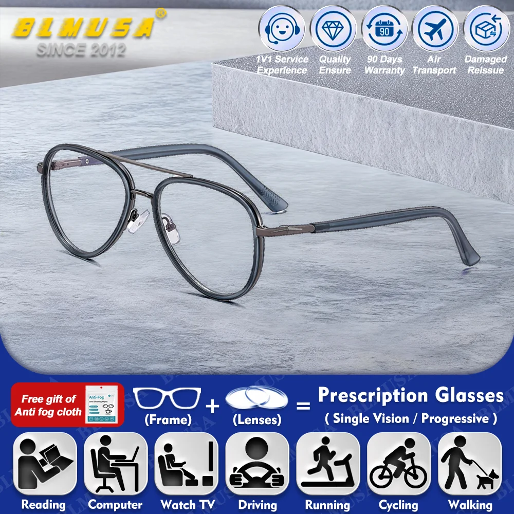 

BLMUSA (L) Minimalist Pilot Frame Myopia Prescription Reading Glasses Man Blue Light Filter Photochromic Progressive Eyeglasses