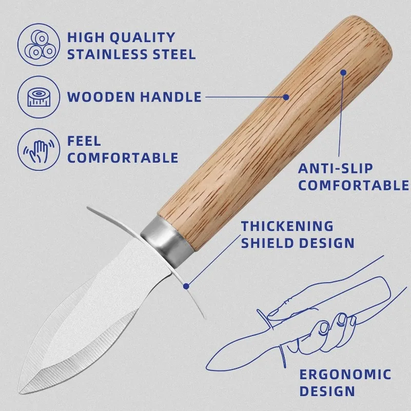 Oyster Shucking Knife,V-Shaped Notch, Wooden Non-slip Handle, Oyster Shucker, Suitable for Shucking All Kinds of Shells