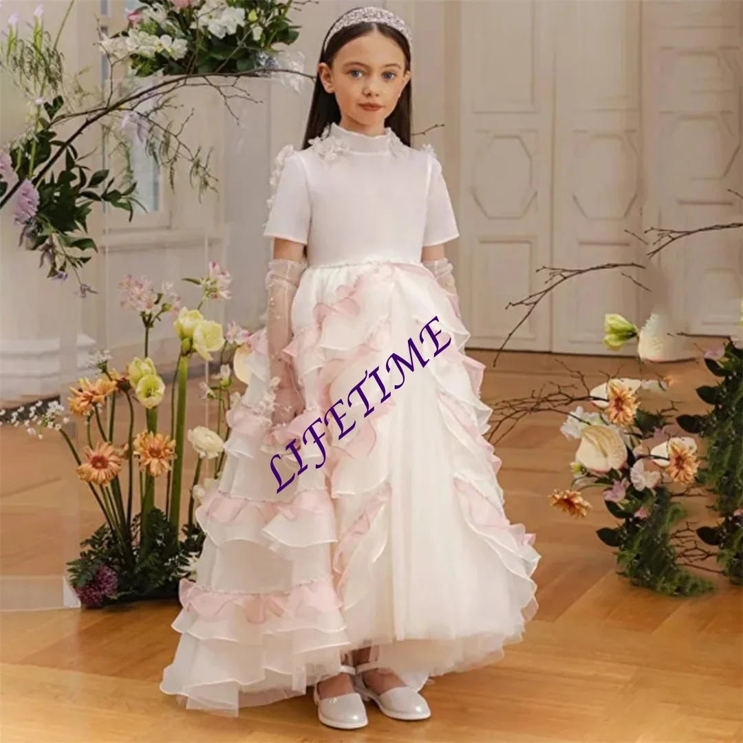 تخصيص الرقبة العالية الطية الكلاسيكية حفل زفاف رسمي زهرة فتاة فستان قصير الأكمام زهرة زين ألف خط التواصل الأول Gow #1