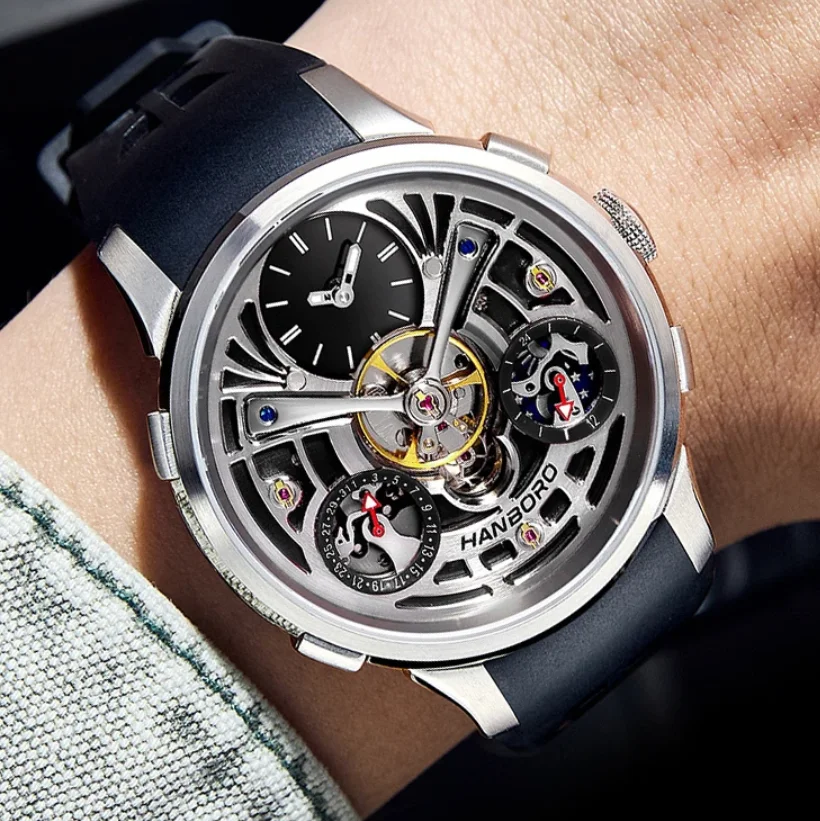 HANBORO Men Automatic Watch 44mm Mechanical Wristwatch Luminous Skeleton Dial Sapphire Mirror Date & 24 Hours Dial