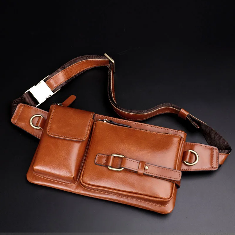 Men's Leather Waist Bag Multi-functional Oil Wax Cowhide Chest Bag with Phone Pocket