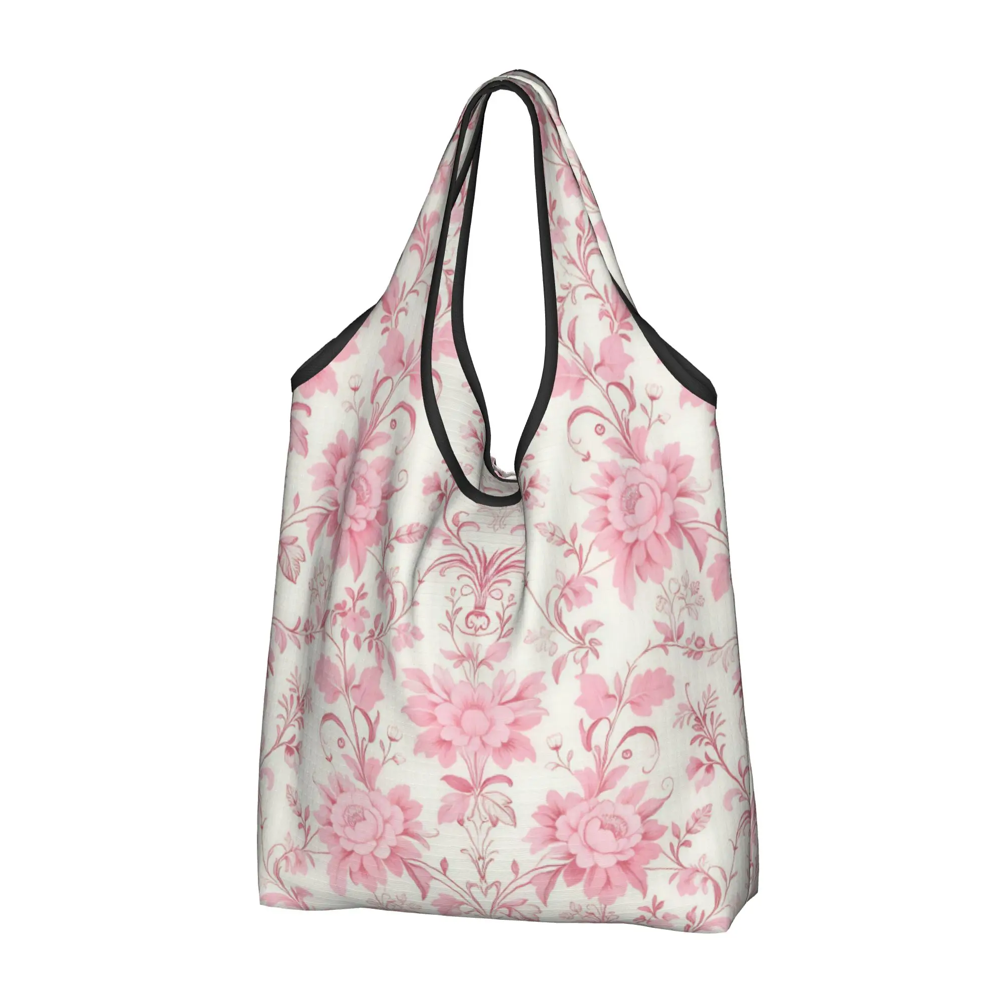 Toile De Jouy French  Grocery Shopping Bags Cute Shopper Shoulder Tote Bag Big Capacity Portable Vintage Pink Floral Handbag