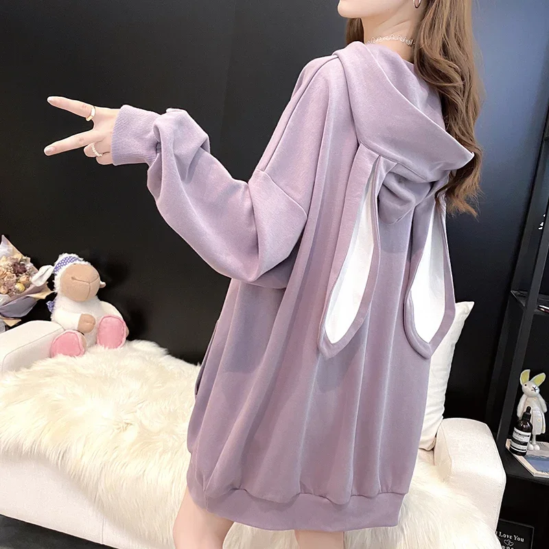 2022 Autumn Sweet Women Hoodies Fashion Cute Rabbit Ears Hooded Pullovers Lantern Sleeve Loose Baggy Female Tops Plus Size