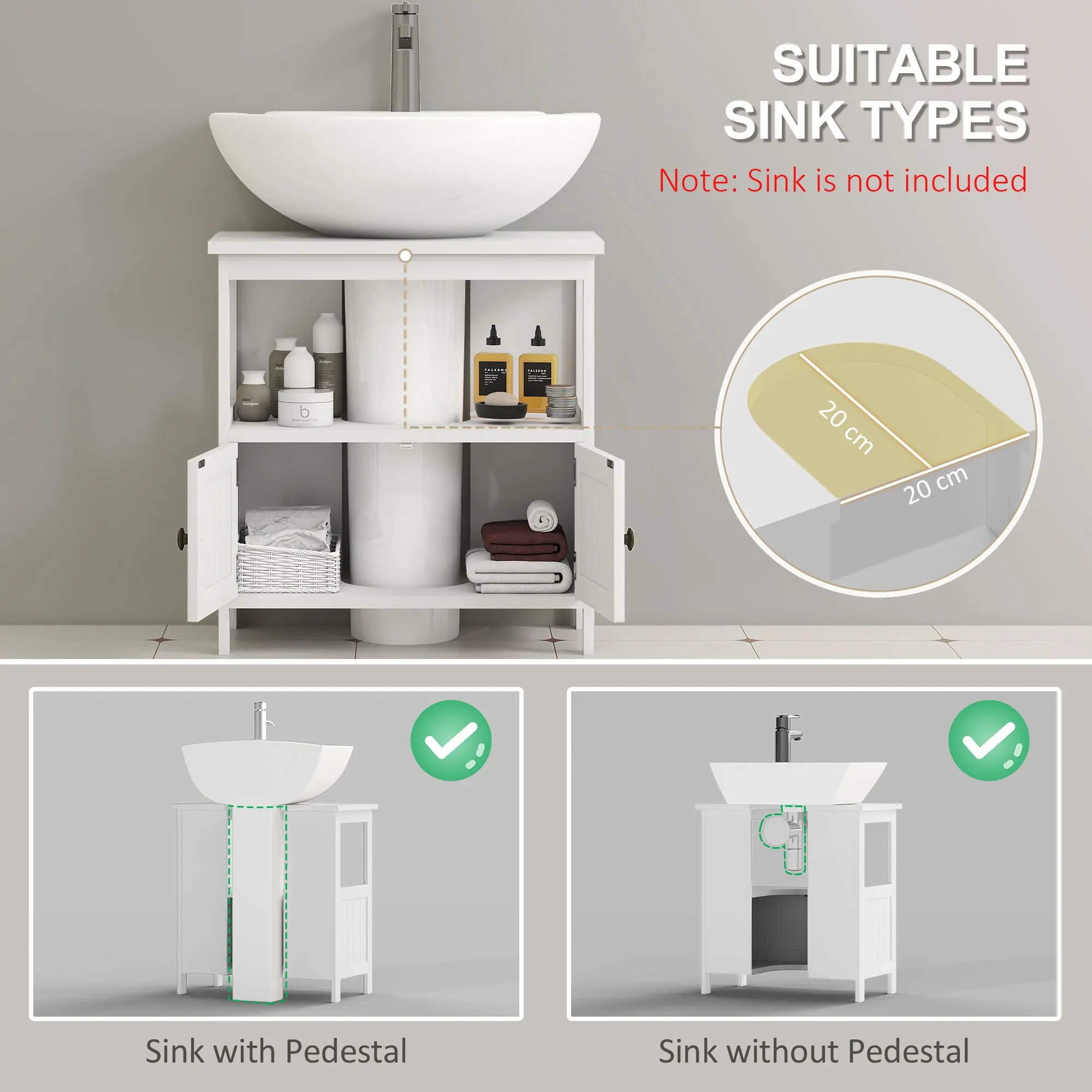 kleankin Bathroom Pedestal Under Sink Cabinet with Storage Shelves, Door, White