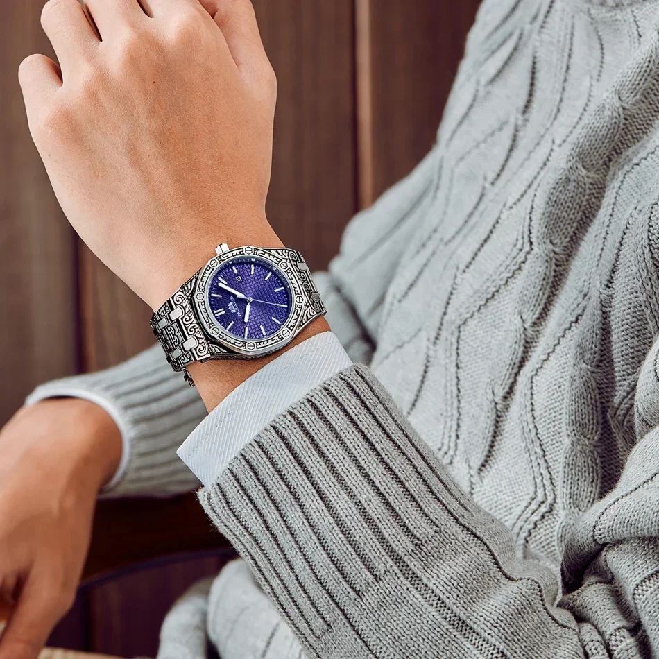 นาฬิกาสุดหรูสําหรับชายแกะสลักโบราณ Vintage Luminous Rose สีเหลืองทองเงิน 2 โทนแฟชั่น Blue Classic