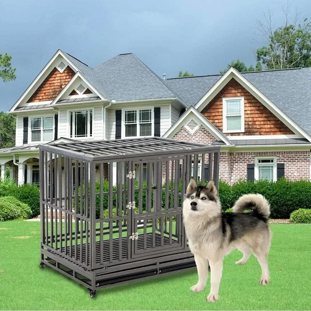 Heavy duty dog cage metal dog house, suitable for medium and large dogs, with a four wheeled pet fence, easy to install