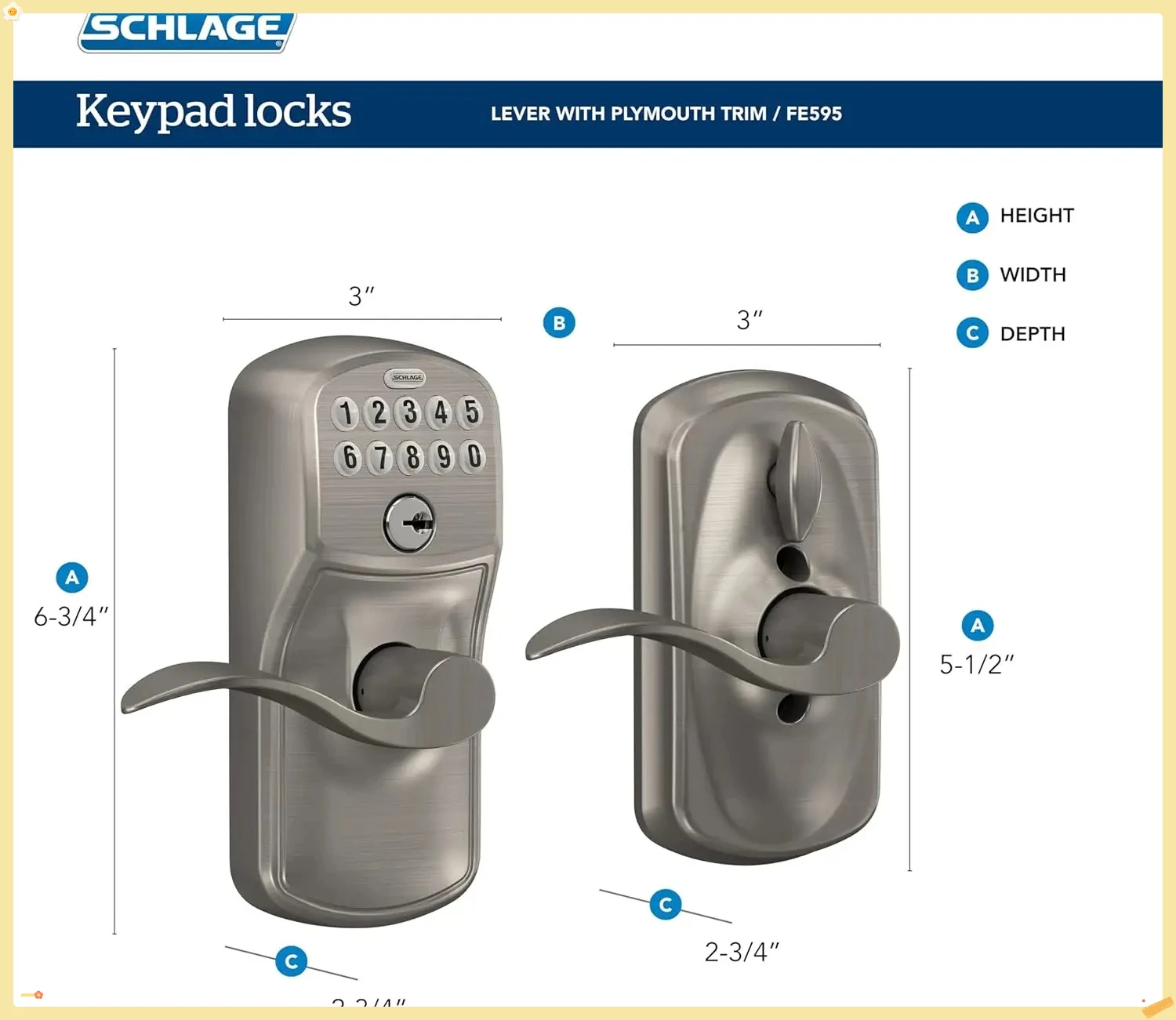 قفل لوحة المفاتيح الإلكترونية Schlage Plymouth، قفل الرافعة التجاري المصقول من الكروم