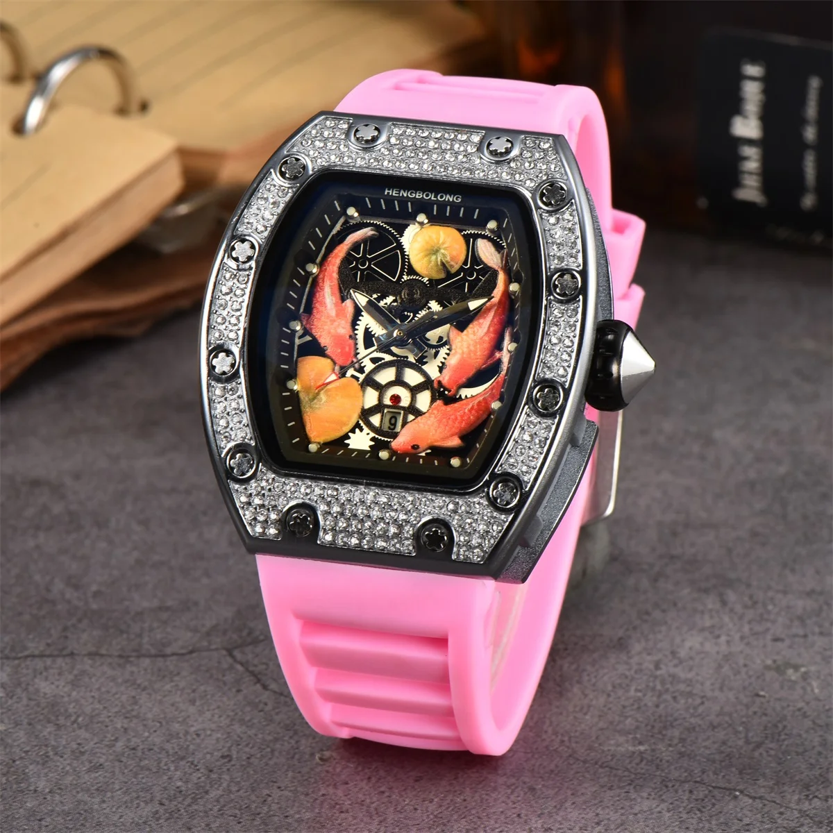 Diamond Barrel shaped colorful Three carp Multifunction functional Watch Silver quartz Watch Waterproof wholesale