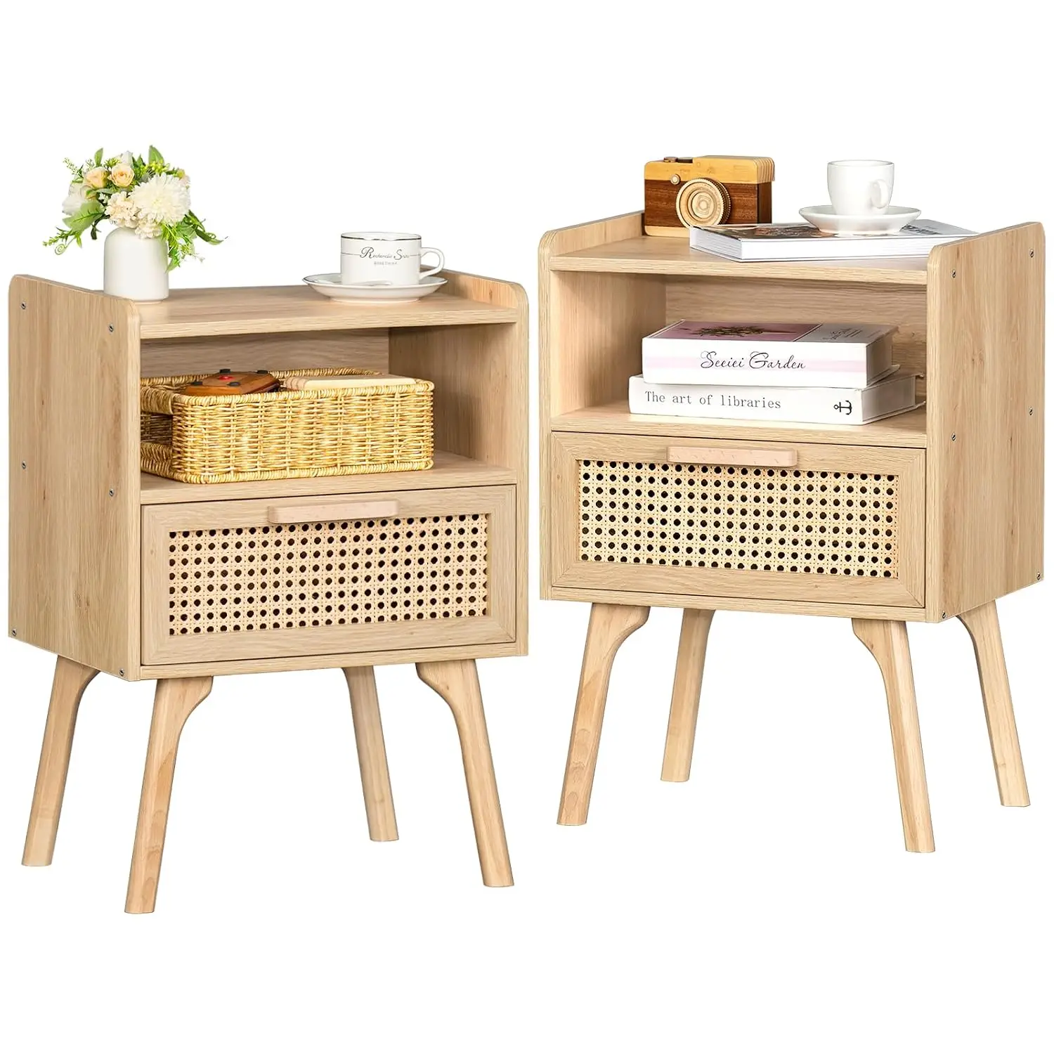 Rattan Nightstands Set of 2 Boho Side Table with Drawer & Open Shelf, Customized