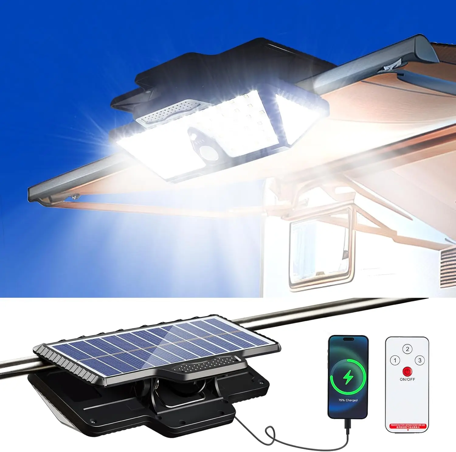 

High Bright Solar RV Lights Exterior, Clip on Solar RV Porch Light, 6000 mAh Camper Lights for Outside with Remote Control
