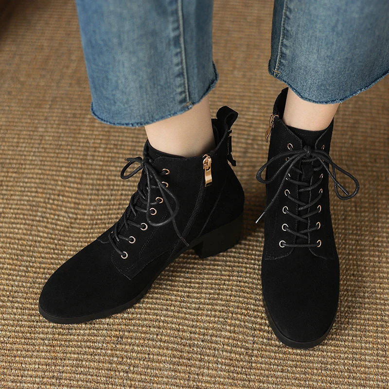 2024 New Women Cow Suede Lace-up Ankle Boots Thick High Heels Motorcycle Boots Retro Round Toe Warm Autumn Winter Shoes Woman