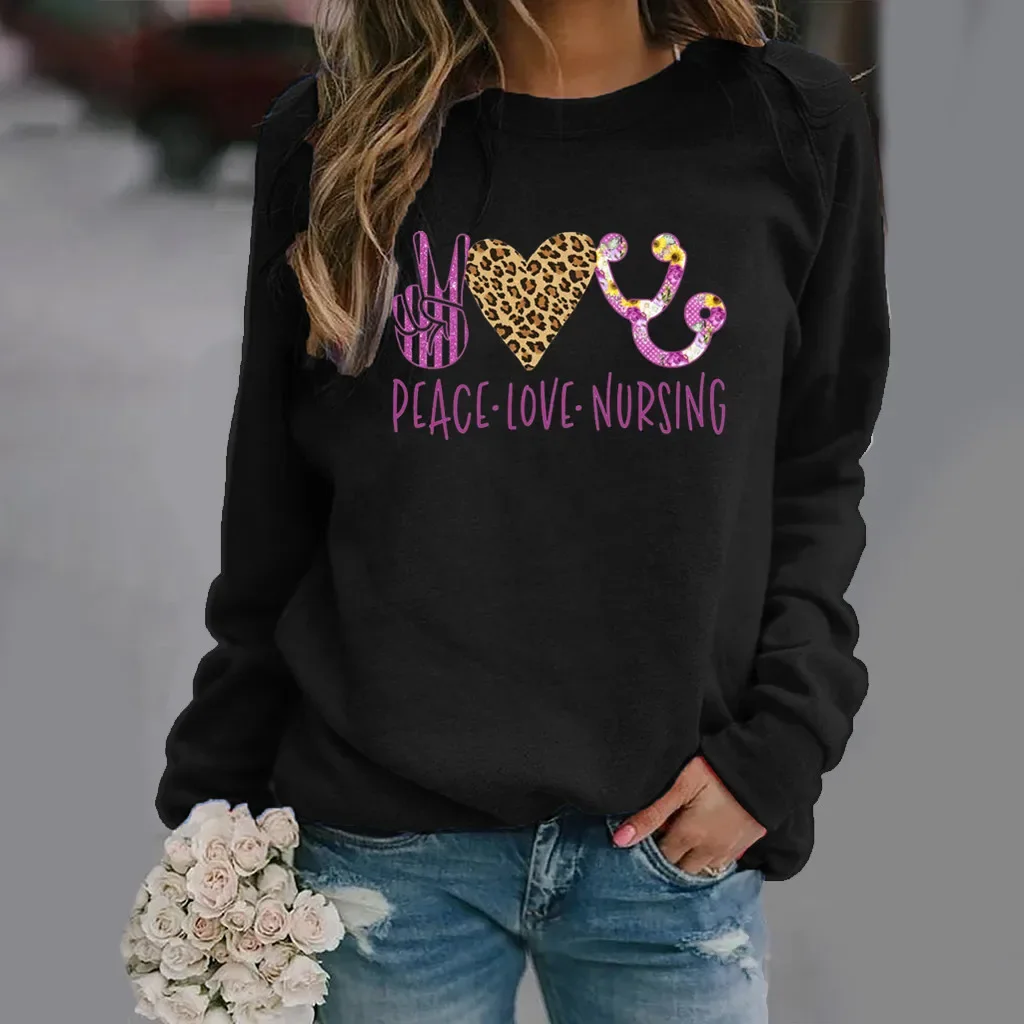Love Pattern Printed Long-sleeved Crew-neck Hoodie Woman Sweatshirt Clothes Streetwear Women Sweatshirts