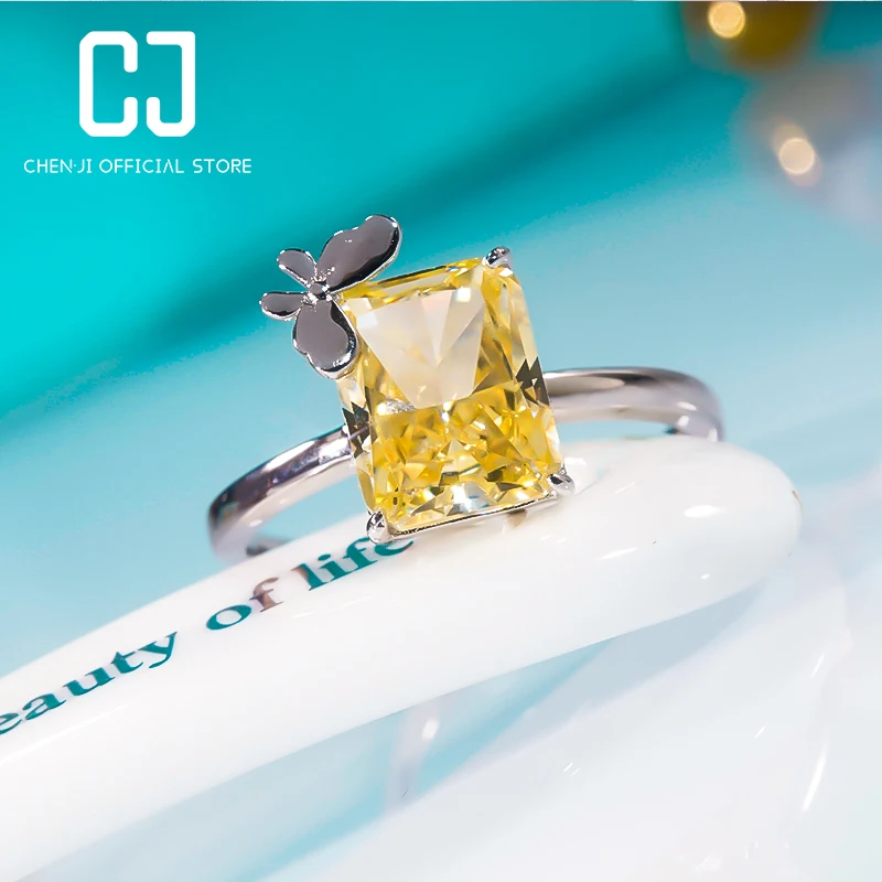 

925 Sterling Silver Princess Square Ring Fancy Color Ring Butterfly Yellow High Carbon Diamond For Girlfriend Fine Jewelry 2023