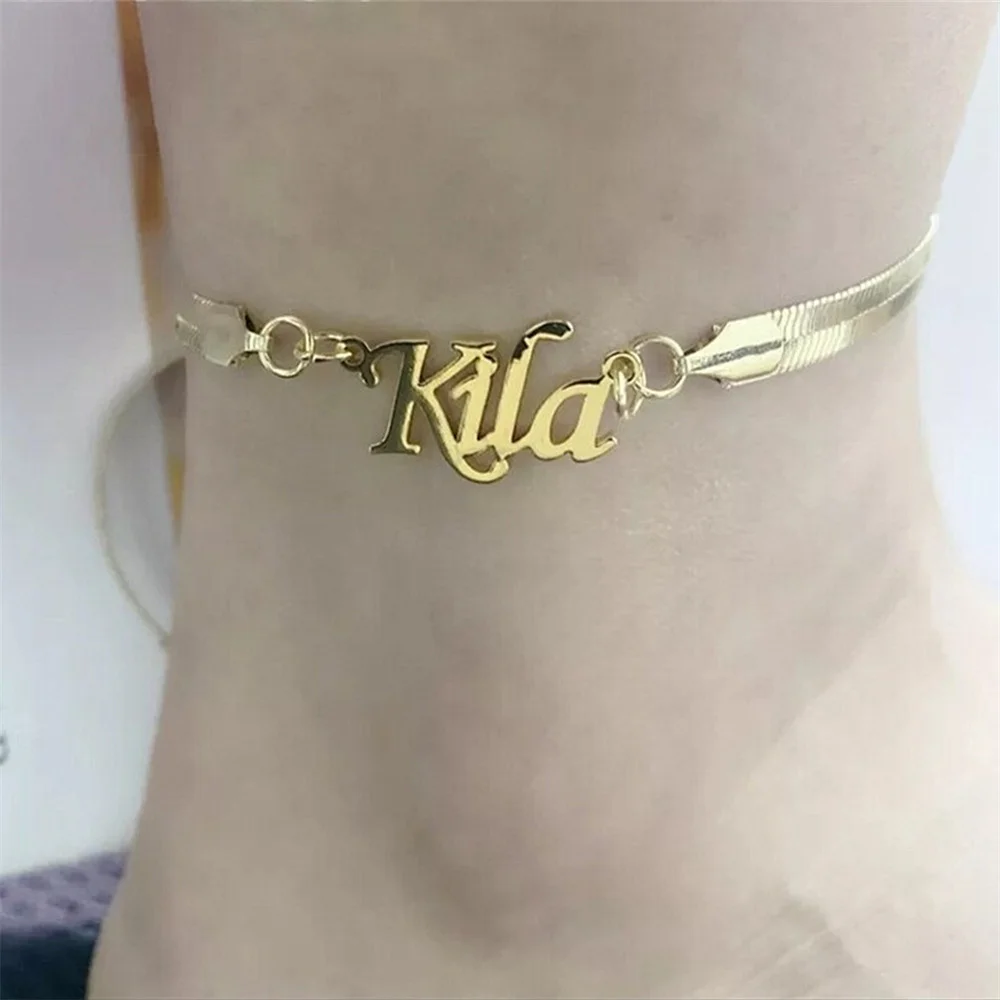 

Custom Name Anklets Personalized Stainless Steel Snake Chain Customized Nameplate Anklet For Women Beach Gift