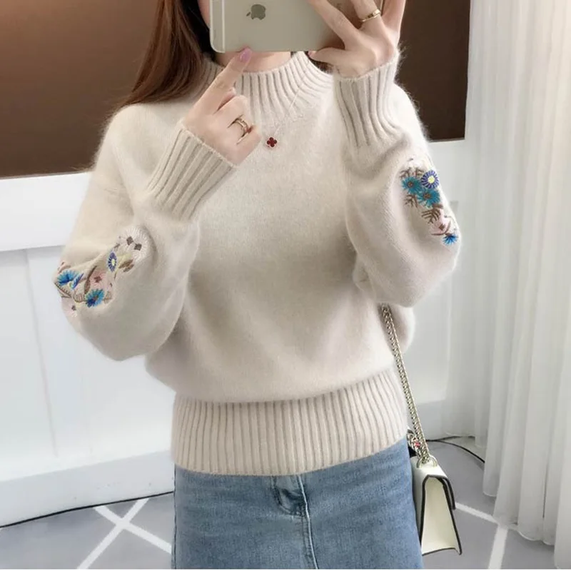 

Women's Half High Necked Sweater Thickened Autumn and Winter Short Style Embroidered Bottom Knitted Sweater with Long Sleeves