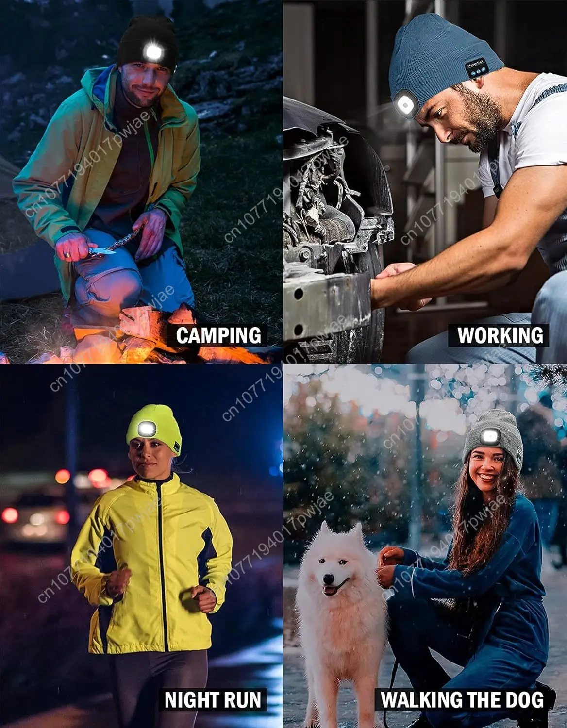 Wmcaps Bluetooth-muts met licht, unisex USB oplaadbare 4 LED-zaklamphoed met draadloze hoofdtelefoon, unieke kerst Bir