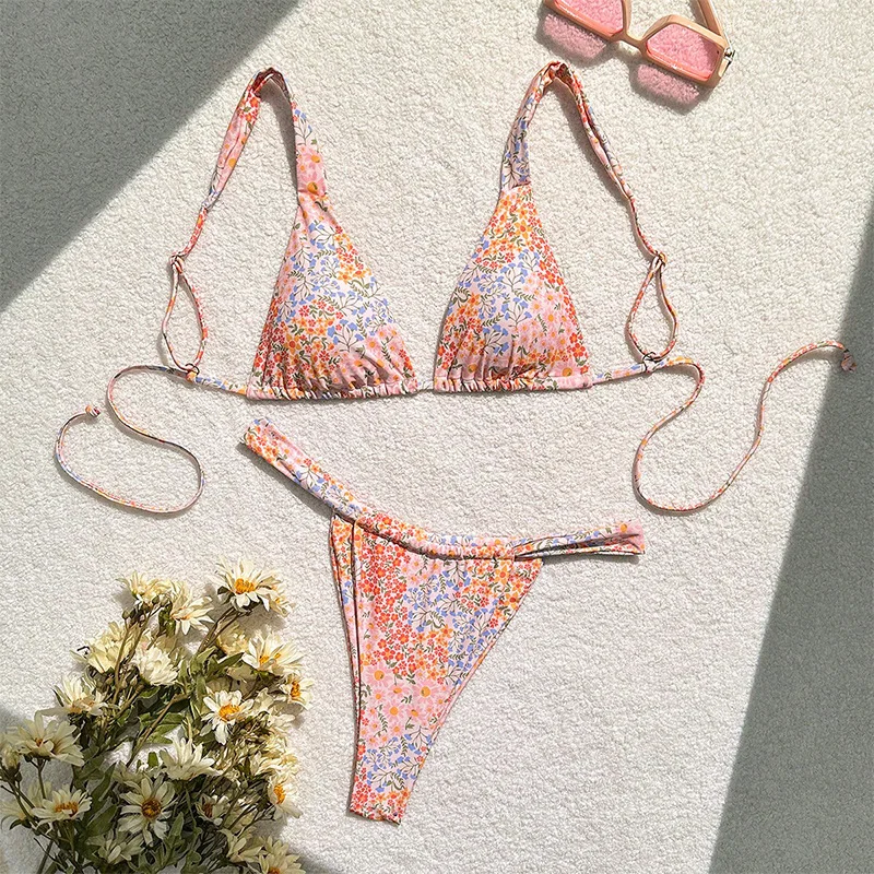 

Sexy Pink Floral Print Swimsuit Women Triangle Micro Thong Bikini Swimwear 2025 Lace-up Bathing Swimming Suit Wear Bikinis Sets