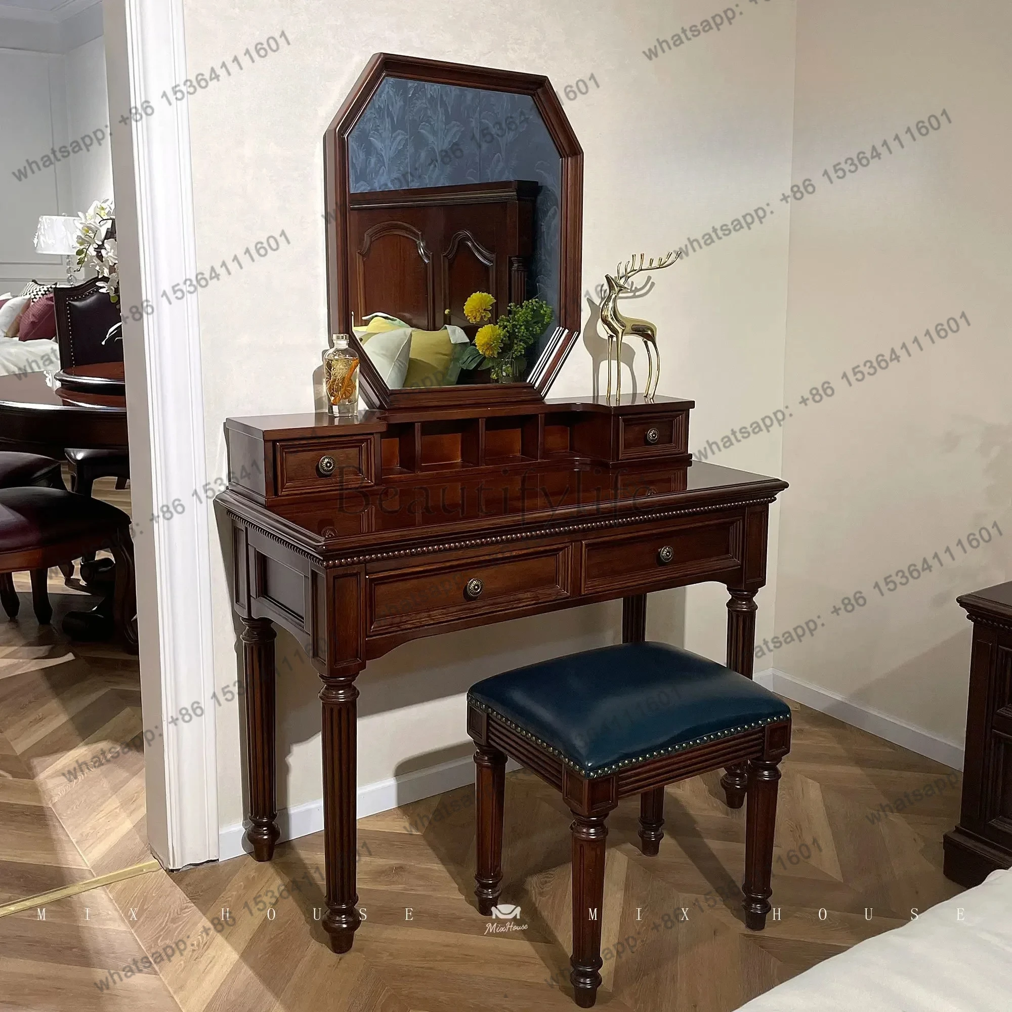yj57 American dresser gold silk yellow sandalwood country retro bedroom storage solid wood makeup table