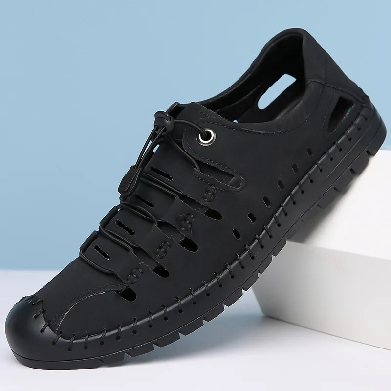 

Мужские повседневные кожаные сандалии большого размера, лето 202, новые дизайнерские однотонные дышащие туфли на резинке для мужчин