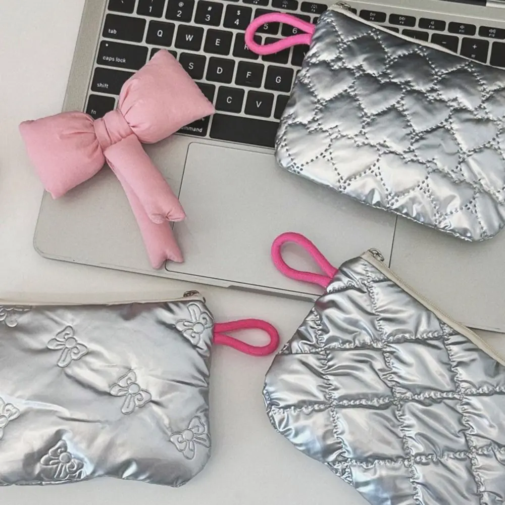 Silver Bow Pattern Coin Purse Women's Earphone Coins Keys Wallet Organizer Zipper Pouch Cosmetic Bag New