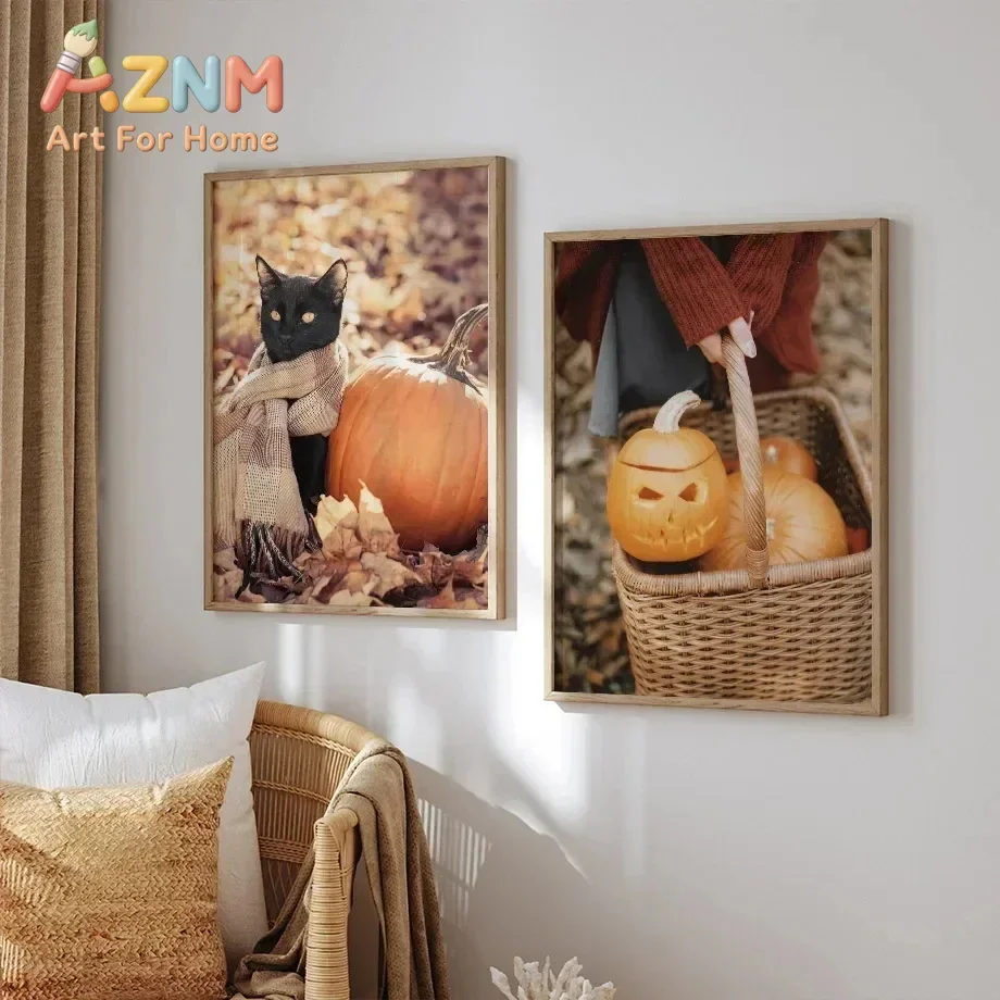 AZNM Fall Harvest Pumpkin Canvas Painting, Autumn Mountain Vintage Car Acorn Floral Quote Photograph Print, Rustic Farmhouse Liv