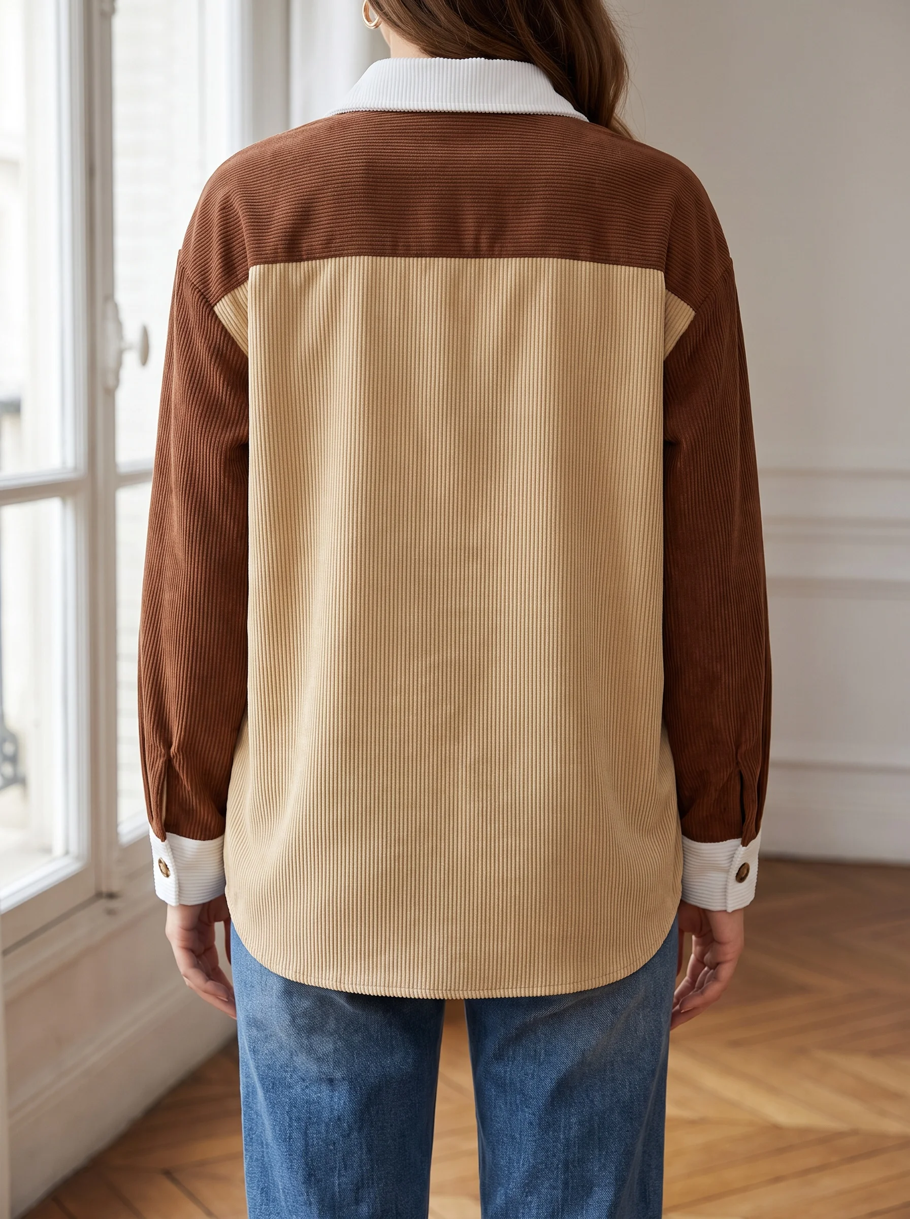 Rosa Fera Plus Size Women's Ribbed Color Block Shirt Long Sleeve Contrast Button Front Loose Casual Top