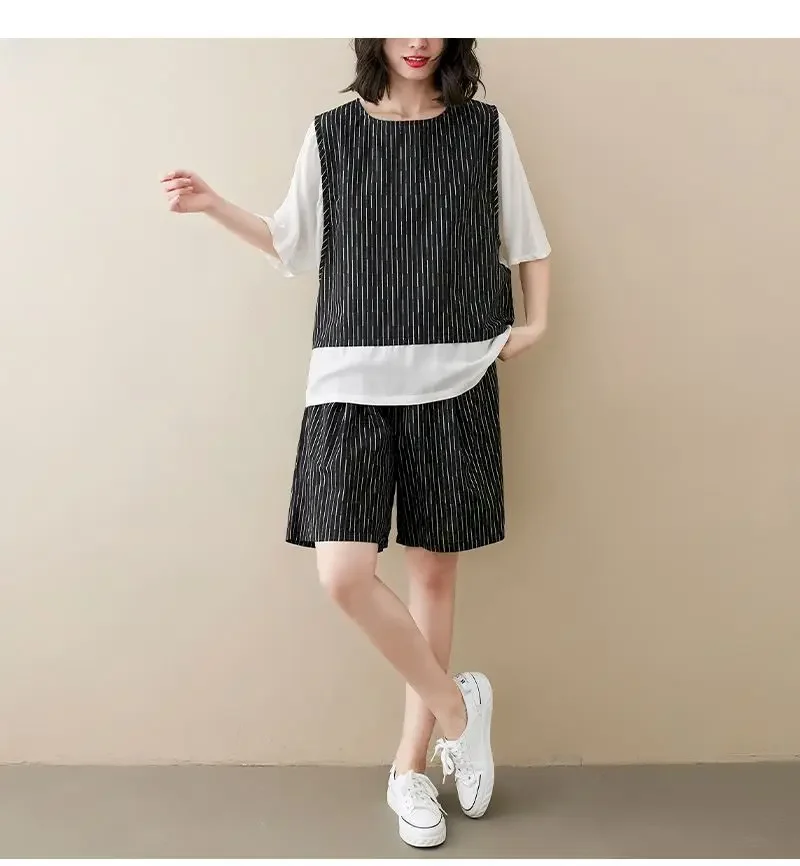 Cotton Linen T Shirt Sets Women Summer Fashion Casual Striped Stitching Short Sleeve T-shirt Wide-leg Shorts Sports 2 Piece Suit