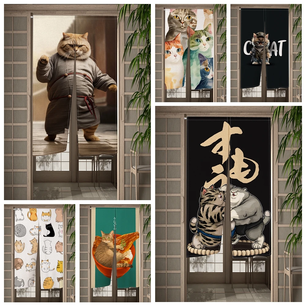 Funny Cat Door Curtain Japanese Ukiyo-e Cute Cartoon Cat Kitchen Bedroom Doorway Drape Curtain Entrance Hanging Half-Curtain