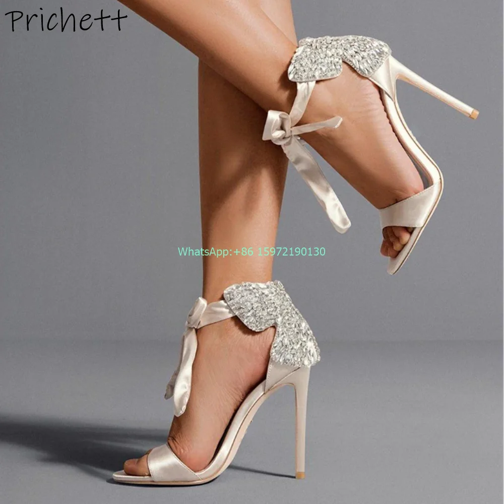 

Crystal Butterfly Satin Sandals Pointy Toe Thin Heels Slingback Lace Up Solid Shoes Ladies Sexy Bling Runway Stiletto Shoes