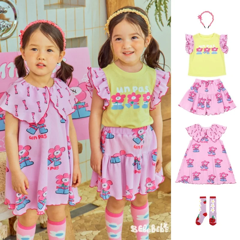 

Girls T-shirt Short Skirt Set 2025 Summer New Yellow Printing Fashion Children's T-shirt Cotton Sweet Cute Pink Girls Dresses