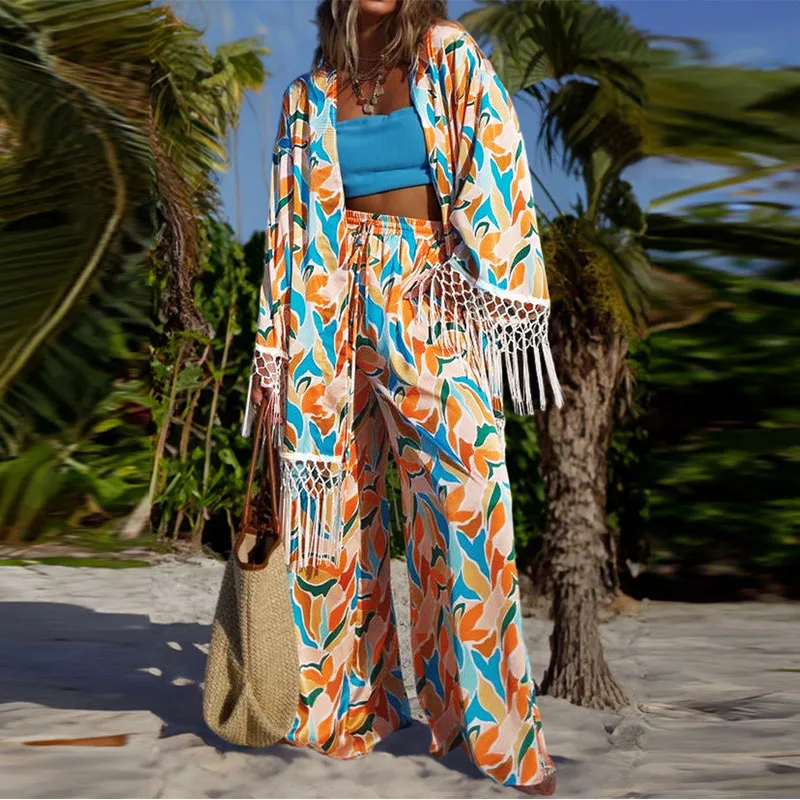 

Holiday Boho Net Tassel Sunscreen Clothing Two Piece Suit Casual Fashion Loose Top+Pants Outfits Women New Print Beach Cover Set