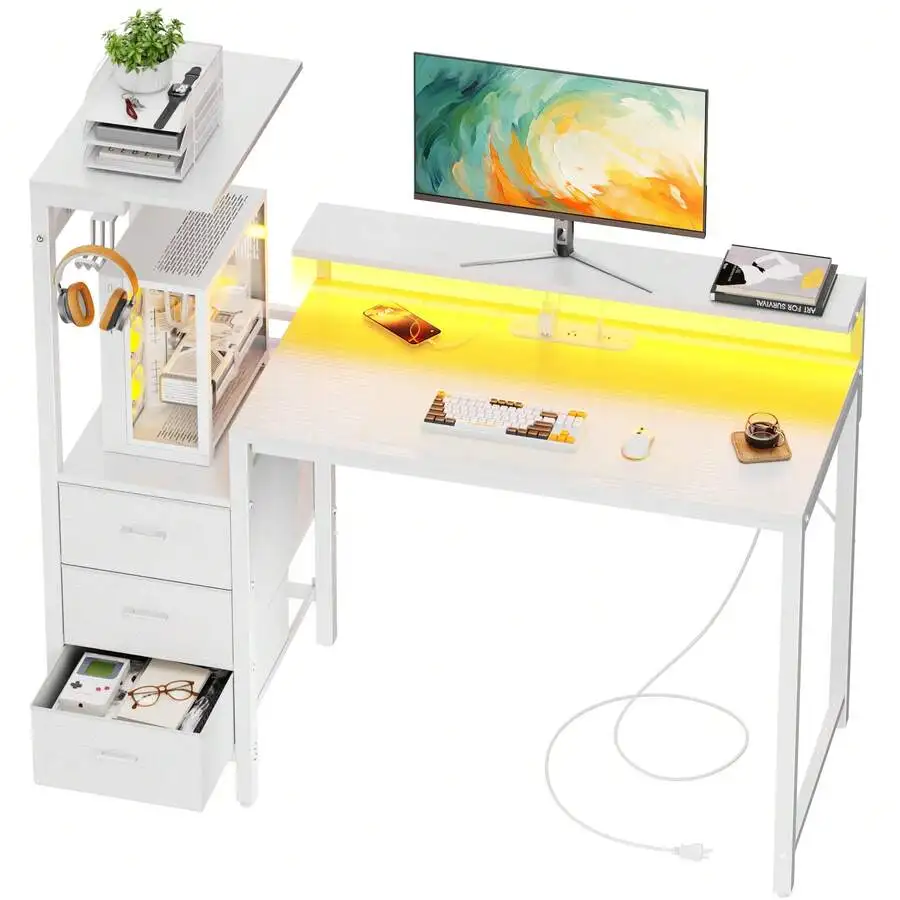 Gaming Desk With Monitor Stand & Dresser, LED Lights, Built-In Power Outlets & USB Charging, Home Office Computer Desk With Stor