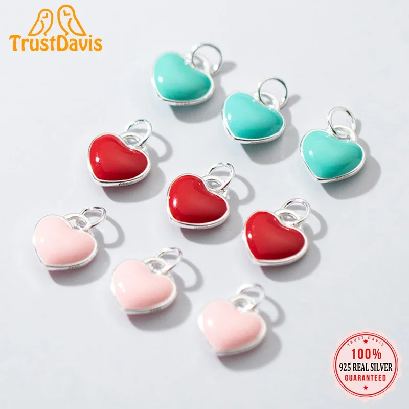 TrustDavis Real 925 Sterling Silver Sweet Love Colour Glaze Romantic Heart Charm Pendant Handmade DIY Accessories Wholesale DZ11