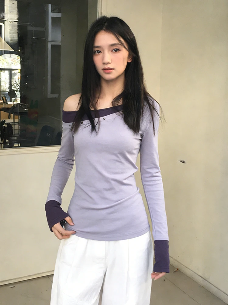 

Женская футболка Slim Fit с длинными рукавами и открытыми плечами, фиолетовая, для ношения под одеждой, ранняя весна, модный креативный принт