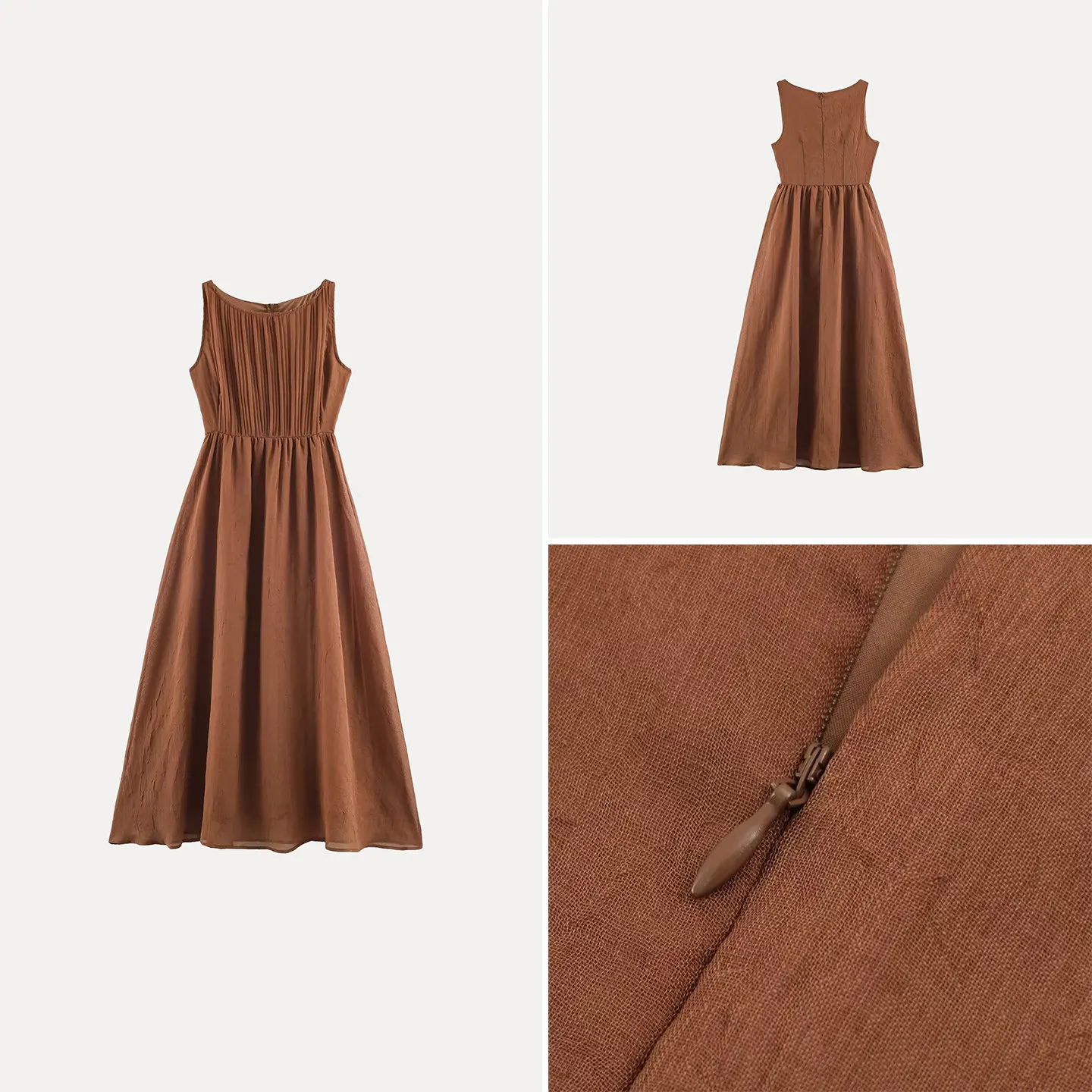 Fashionable Brown Texture Slim Fit Long Sleeveless round Neck Dress Women's Summer Casual Dress ZADATA Brand Zipper Closure