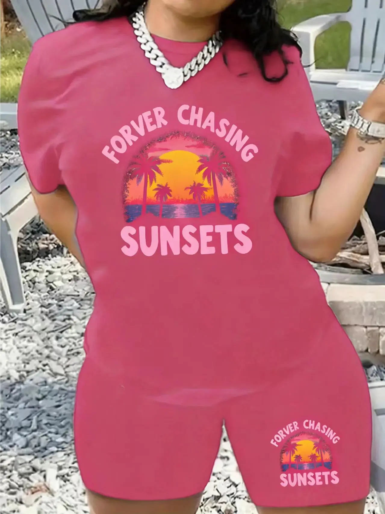 Forever Chasing Sunsets Print Women's Two Piece Set Summer Short Sleeve T-shirt and Shorts Casual Outfit