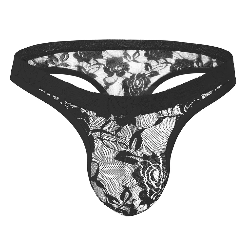 

Men Lace Jacquard Transparent G-strings Thongs Sissy Low Rise Lingerie Underwear Sheer Mesh Fabric Comfortable Elastic Waistband