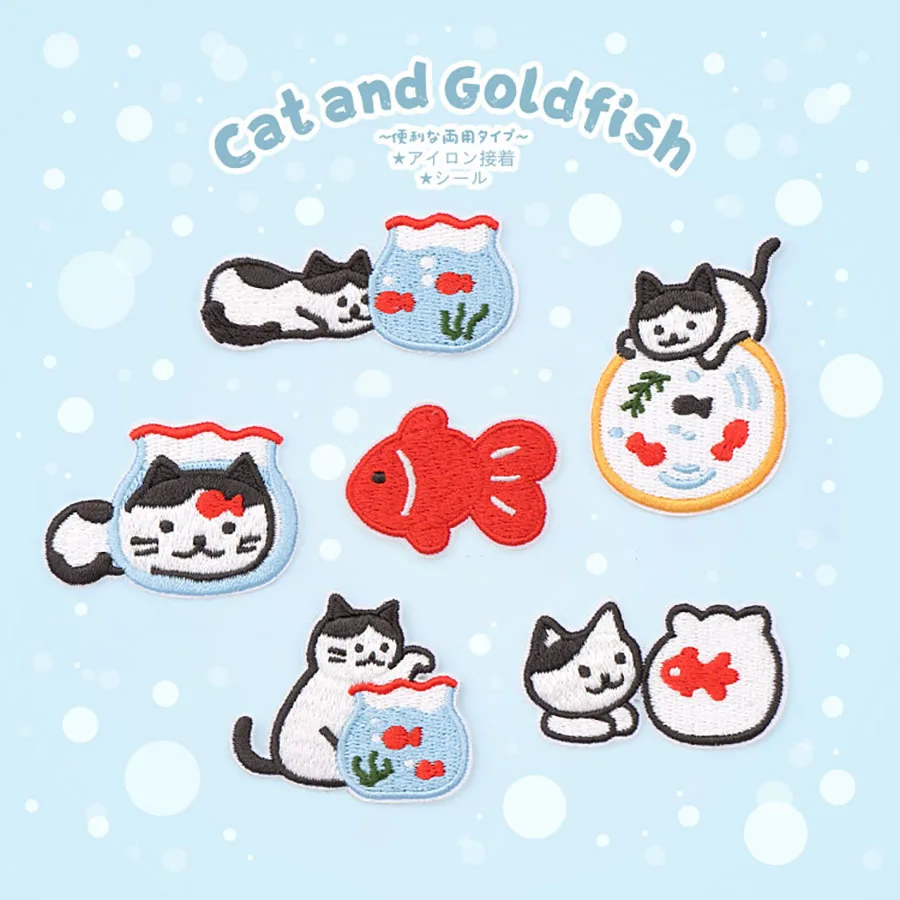 1 Piece Cute Cartoon Cat Playing Goldfish Embroidery Ironing Sticker For Clothes Bags DIY Creative Decoration Fashion Patches