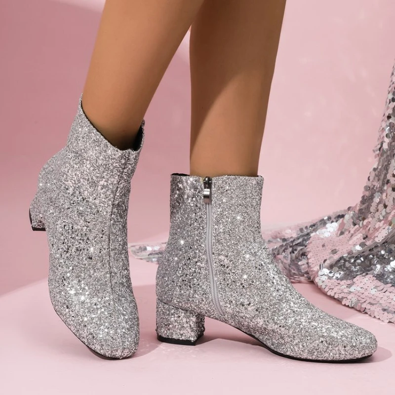 Women's Silver Sparkly Plus Size Short Boots, Round Toe,Side Zipper,Non-Slip Punk Style Ankle Booties for Women, Autumn/Winter