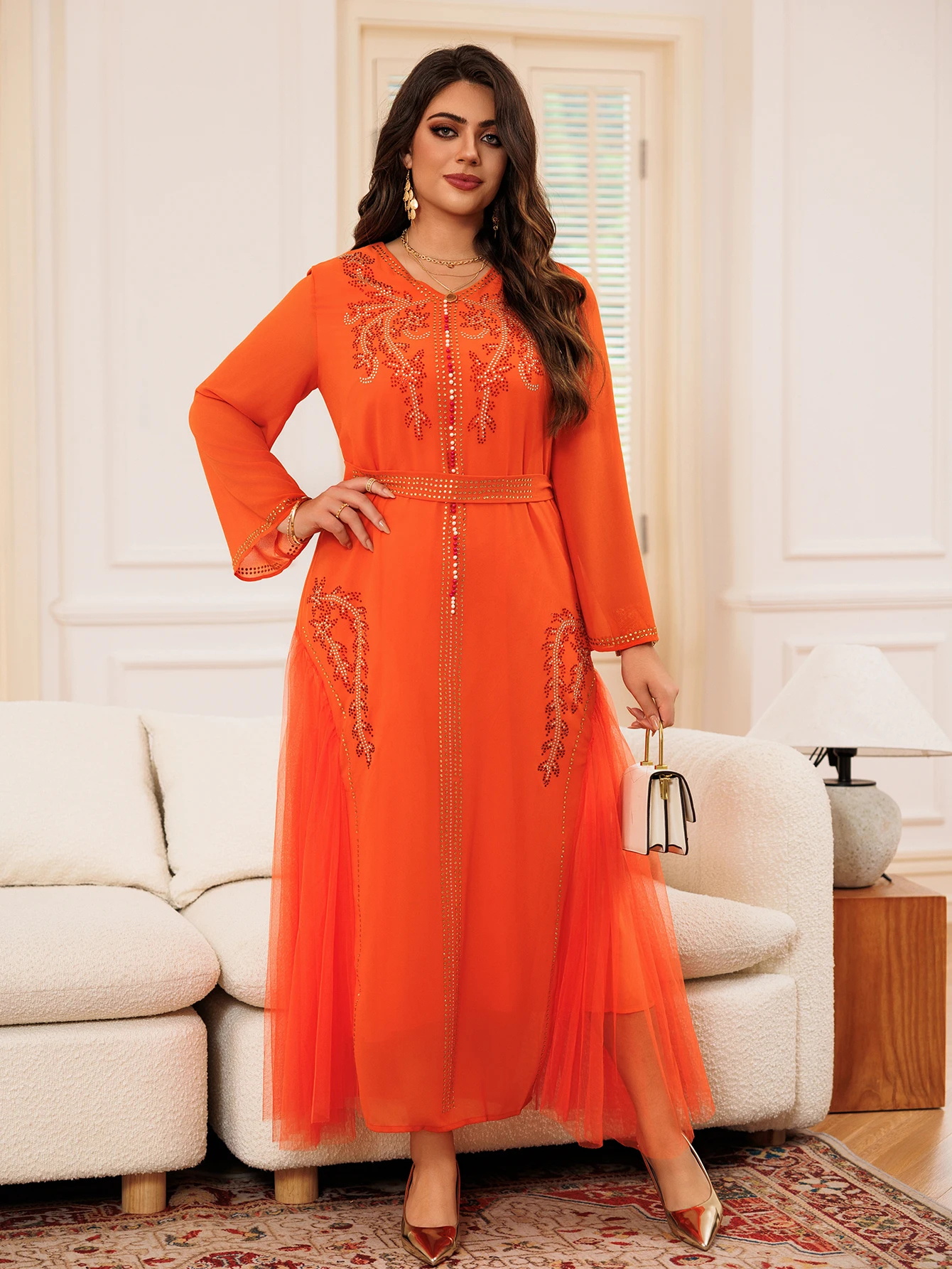 Orange Long Sleeve Women\'s Dress Rhinestone Mesh Middle East Arab Dubai Gilded Muslims Elegant Loose Abaya Dubai Luxury