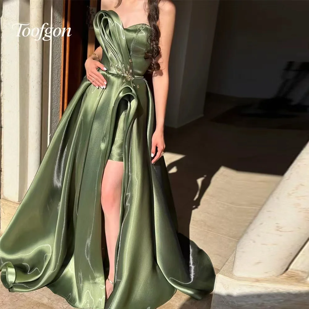 

Toofgon Green Evening Dresses Crystal Drill Long A Line Robe De Soirée Femmes High Slit Satin Event Paty Gowns Customized