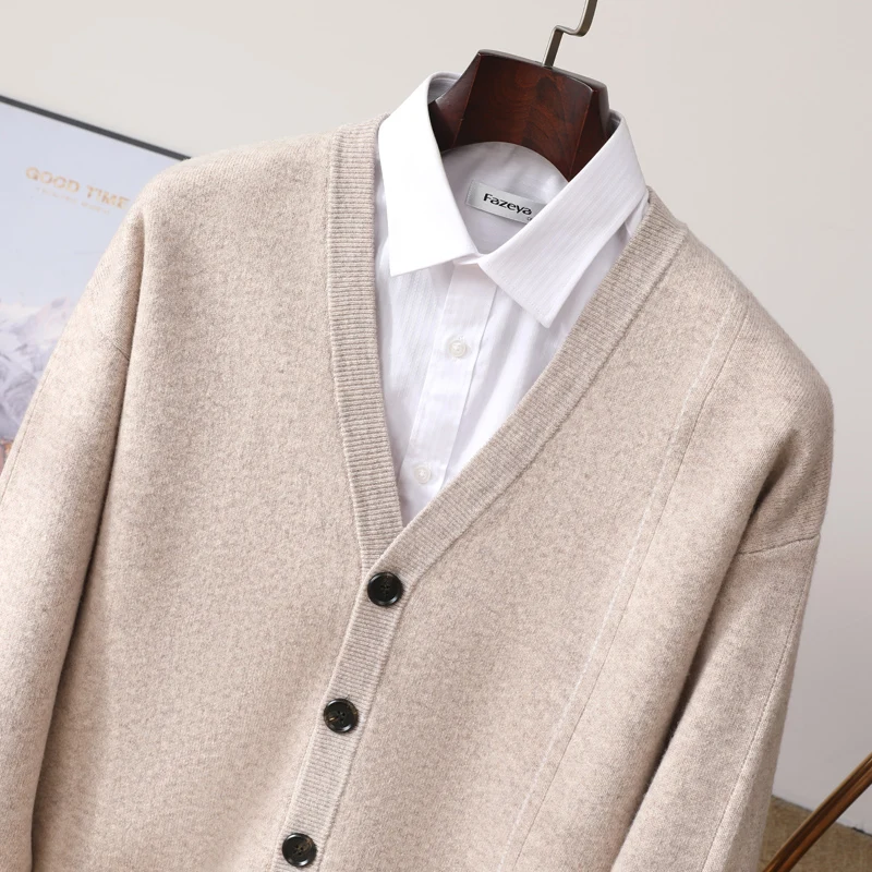 

Autumn And Winter 100% Pure Wool Cardigan Men's Loose Cashmere Coat V-neck Plus Size Knitted Sweater