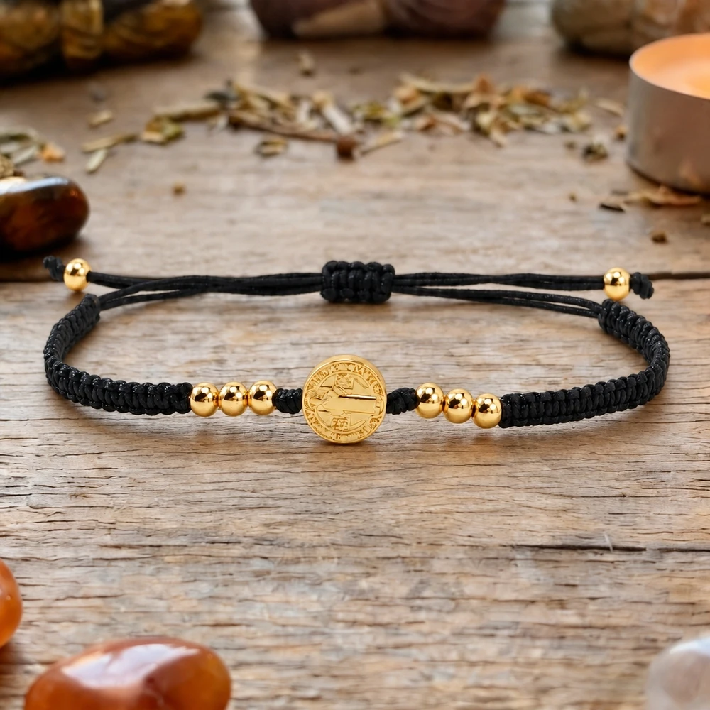 1pc Black Braided Cord Bracelet with Golden Round Saint Benedict Medal and Bead Accents Adjustable Catholic Style